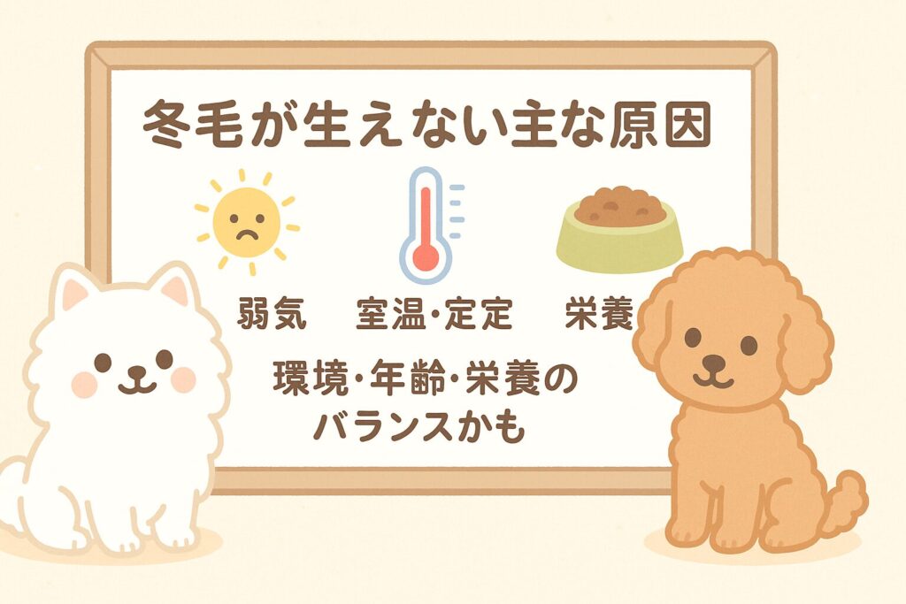 冬毛が生えない原因を説明するイラスト(犬とアイコン付き)