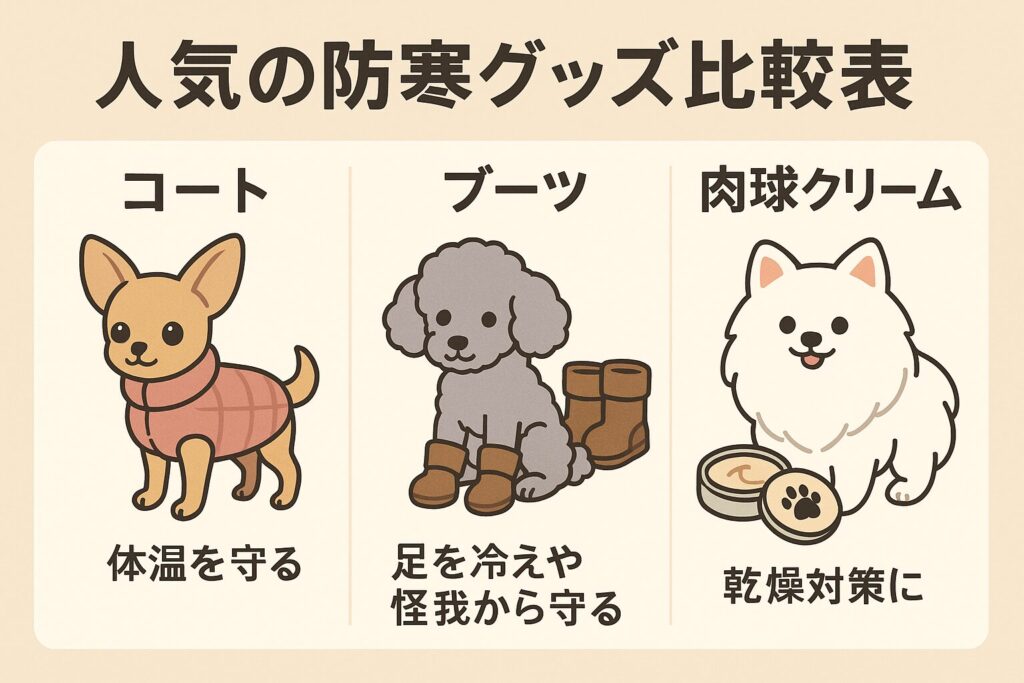 チワワがコートを着て体温を守り、シルバートイプードルがブーツで足元保護、白ポメが肉球クリームと並ぶインフォグラフィック風イラスト