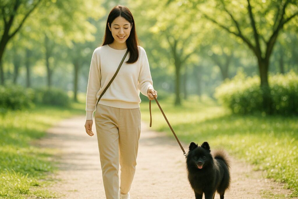 日本人女性が黒ポメラニアンと公園で散歩しているナチュラルなボランティア風写真