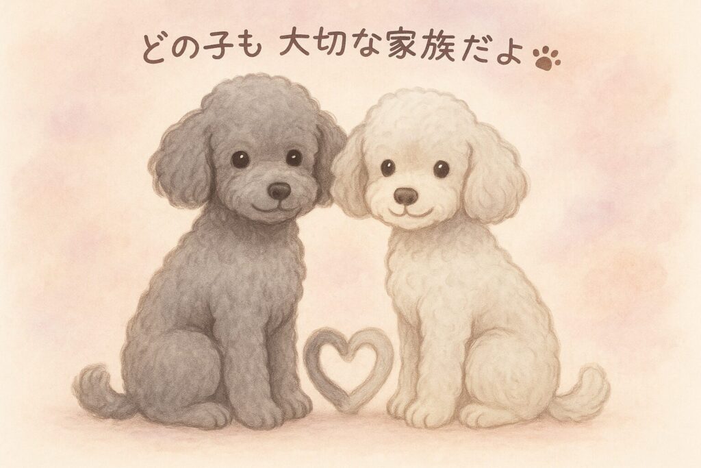 グレーとシルバーのトイプードルが仲良く寄り添い、尻尾でハートを形づくるイラスト。
背景は淡いピンクとラベンダーのグラデーションで、「どの子も大切な家族だよ」という言葉が書かれている。