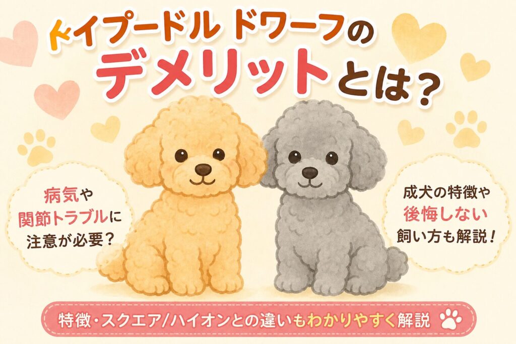 トイプードルのドワーフタイプ2匹のイラスト。ドワーフの特徴やデメリット、病気リスク、成犬時の特徴を解説するアイキャッチ画像