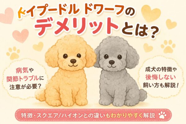 トイプードルのドワーフタイプ2匹のイラスト。ドワーフの特徴やデメリット、病気リスク、成犬時の特徴を解説するアイキャッチ画像