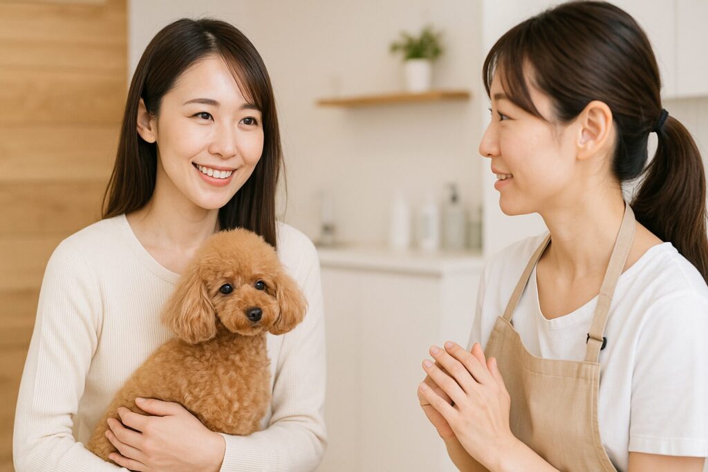 ナチュラルなトリミングサロンで、アプリコットトイプードルを抱いた日本人女性がトリマーと笑顔で相談する温かい写真
