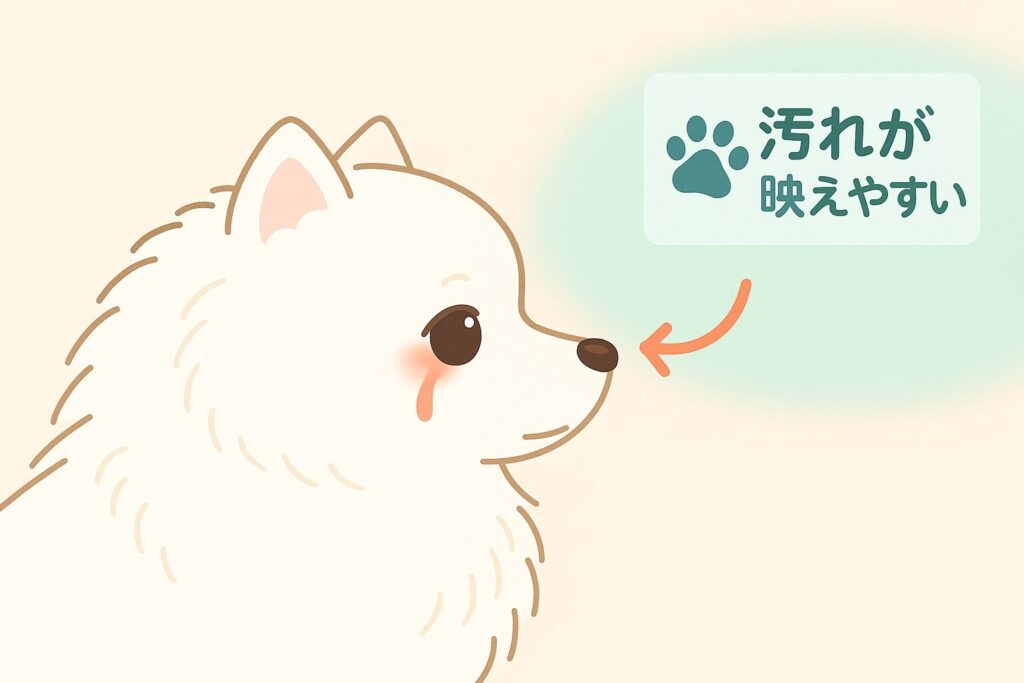 白ポメラニアンの横顔アップ。目元の涙が毛に絡んで赤茶に変色している様子をやさしく描いたイラスト。