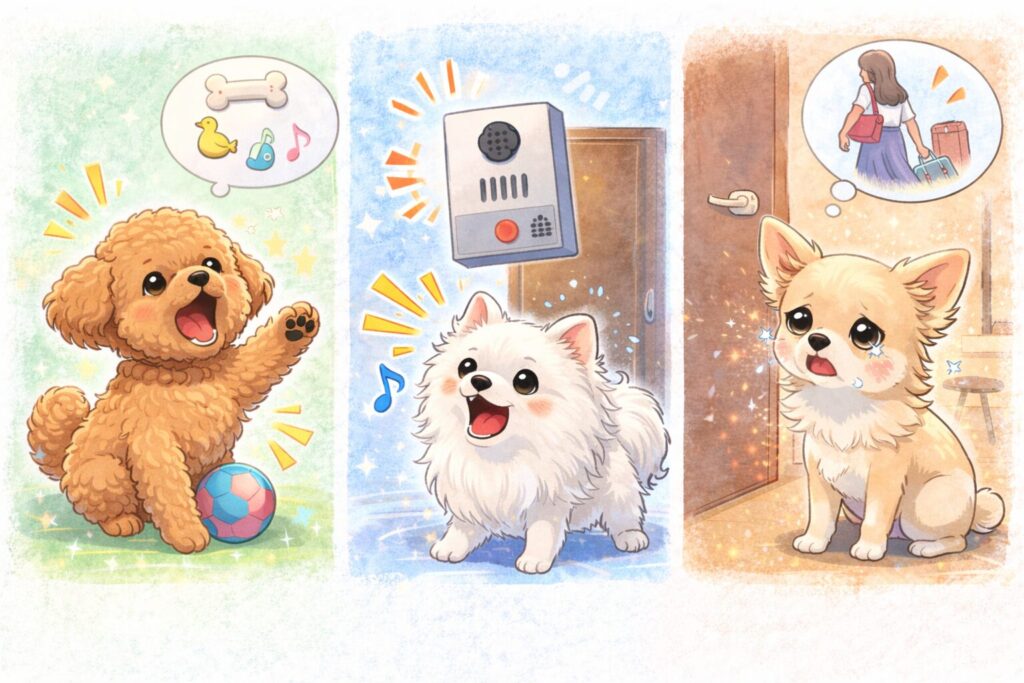 要求吠え・警戒吠え・不安吠えの3タイプを比較した小型犬のイラスト