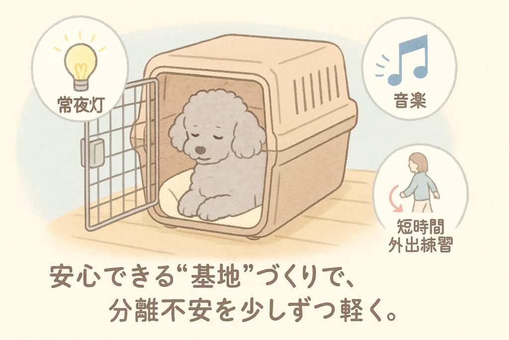 クレートや常夜灯など分離不安対策を描いたシルバートイプードルの優しいイラスト