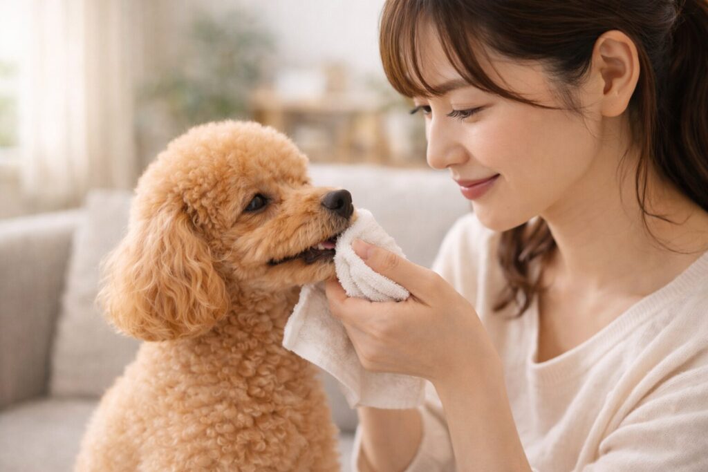 トイプードルの口元を拭いてケアする様子