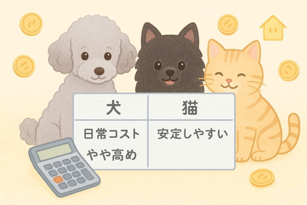 電卓とコイン、犬(シルバートイプードルと黒ポメラニアン)と猫が並ぶ、費用比較のイラスト
