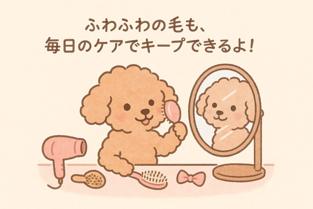 鏡の前でブラシを持つアプリコットプードルが微笑みながら毛を整えるかわいいイラスト