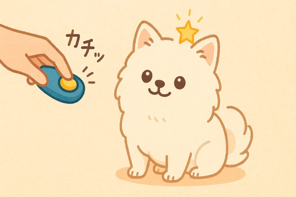 クリック音に反応しておすわりする白ポメラニアンの可愛いイラスト。