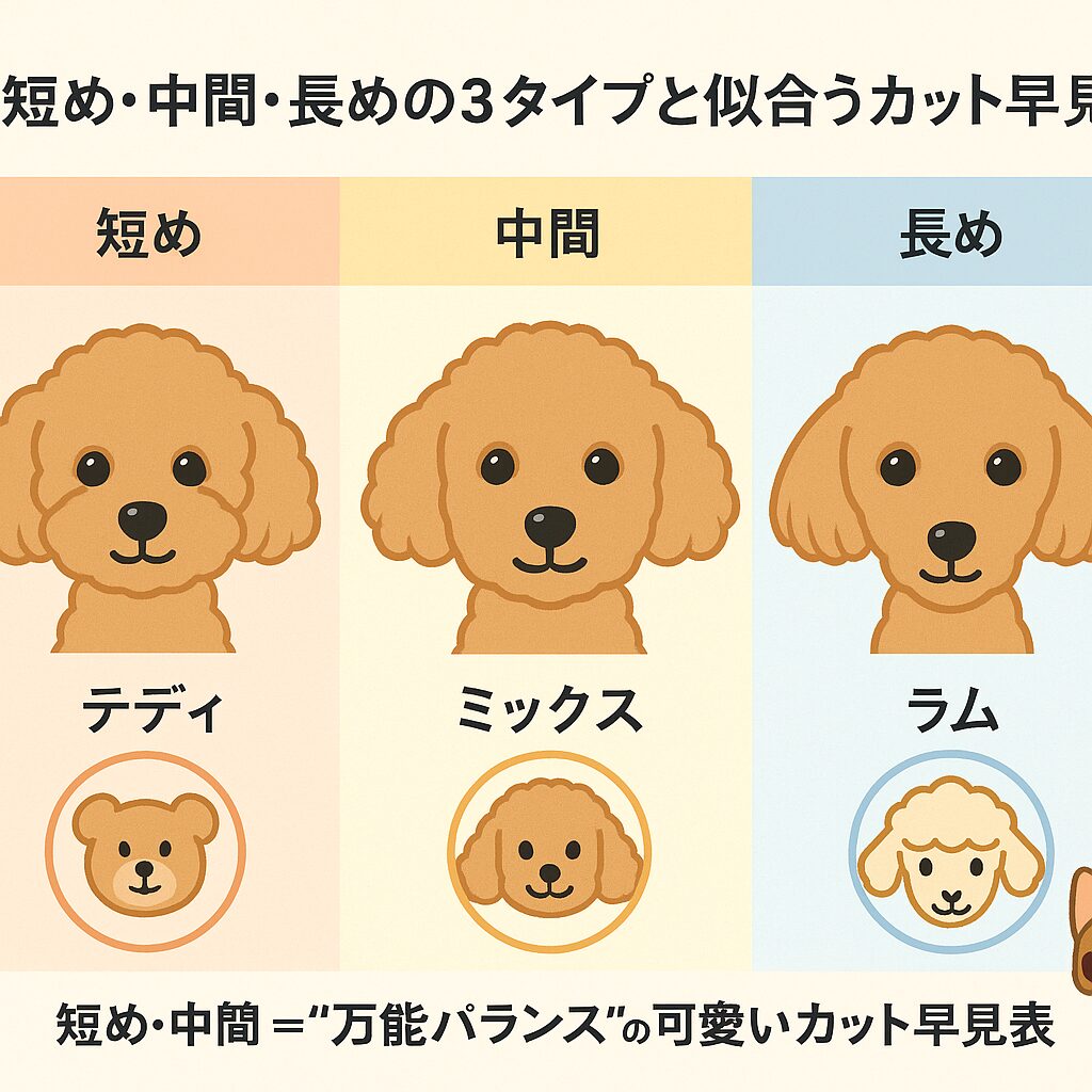 トイプードル(アプリコット)で“短め/中間/長め”のマズルを可愛く描き分け、テディ/ミックス/ラムのおすすめカットをアイコンで表示。端にチワワの小さな見守りキャラ。