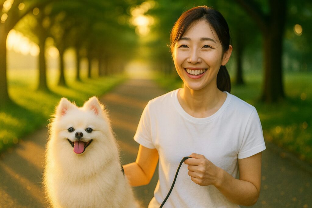 朝焼けの遊歩道で日本人女性と白ポメラニアンが涼しく散歩する写真。