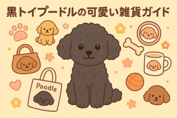 黒トイプードルとトート・マグ・ぬいぐるみ・フラワードッグが並ぶやさしい手描きイラスト