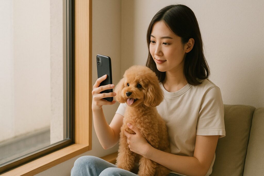 窓辺の日陰で日本人女性がアプリコットプードルをスマホで撮影する実写風写真。昼白色の室内、柔らかい影。