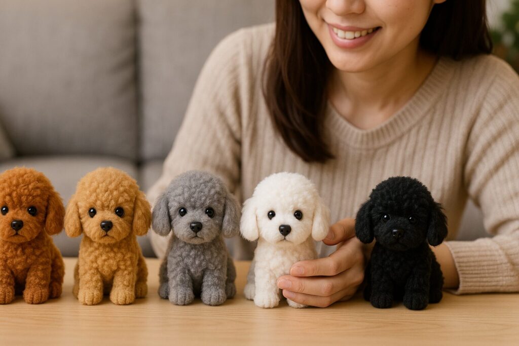 5色のトイプードルぬいぐるみをテーブルに並べて微笑む日本人女性の実写風写真。