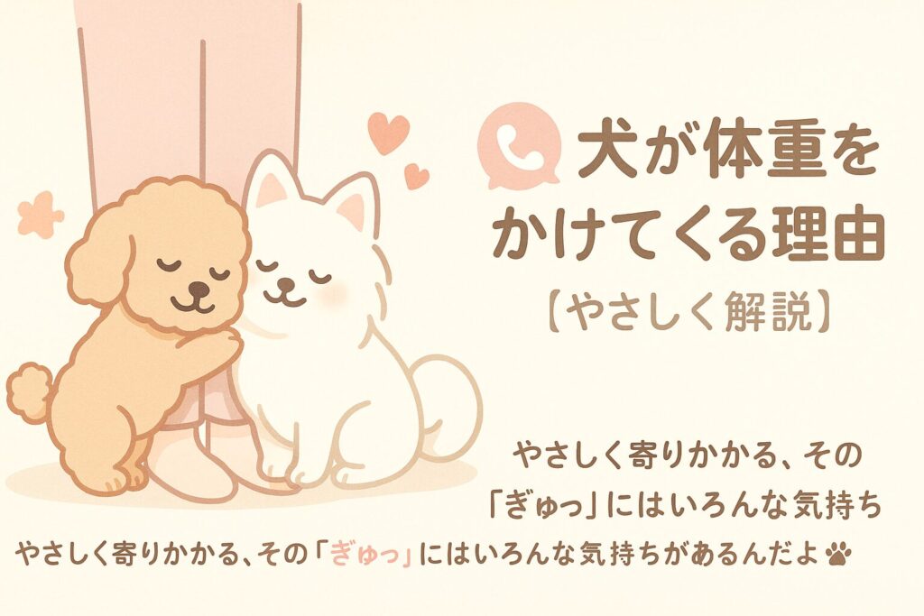 アプリコットプードルと白ポメラニアンが飼い主の足に優しく体を預けている、淡いパステル調の可愛いイラスト