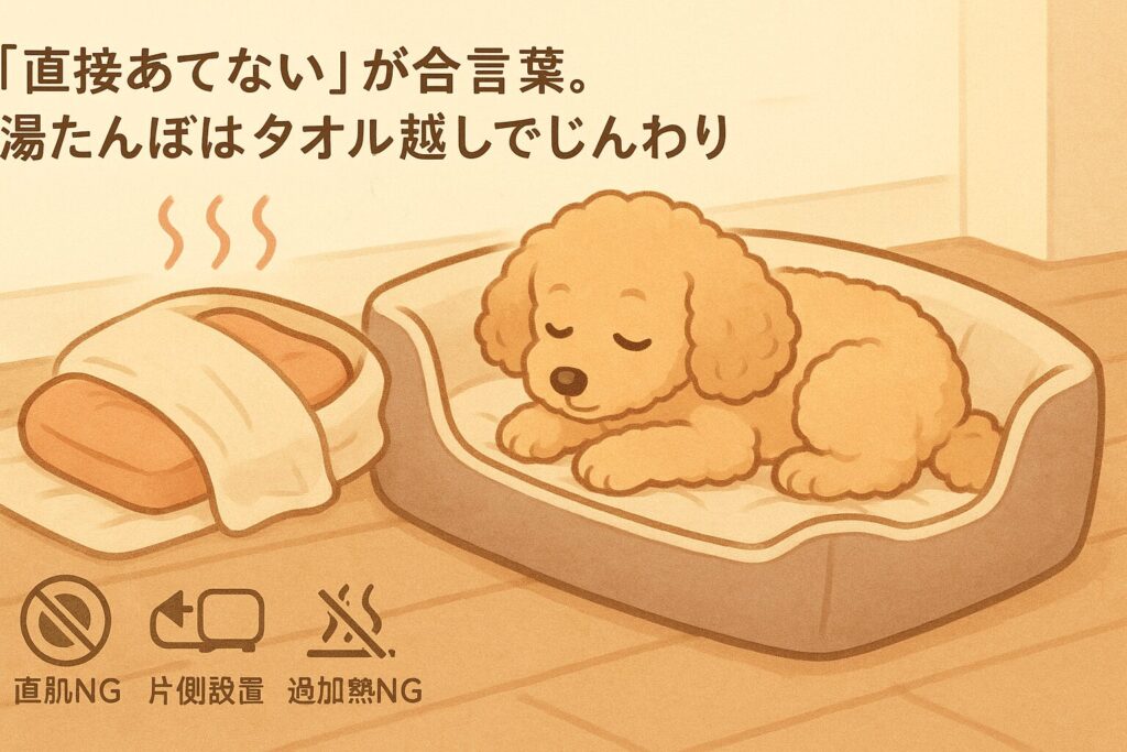 アプリコットプードルがベッドの外側からタオル包みの湯たんぽで温まる安全な使い方イラスト