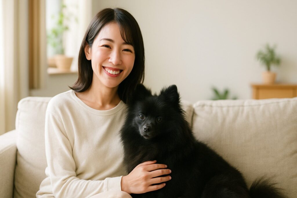 自然光のリビングで黒ポメラニアンがソファに座る日本人女性へ優しく体重を預ける実写風写真