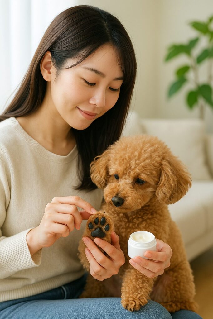 日本人女性がアプリコットプードルの肉球に保湿クリームを塗る様子の実写風画像