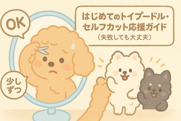 鏡の前で少し切りすぎてしまったアプリコットトイプードルを、白ポメと黒ポメが「OK」「少しずつ」と応援する可愛いイラスト