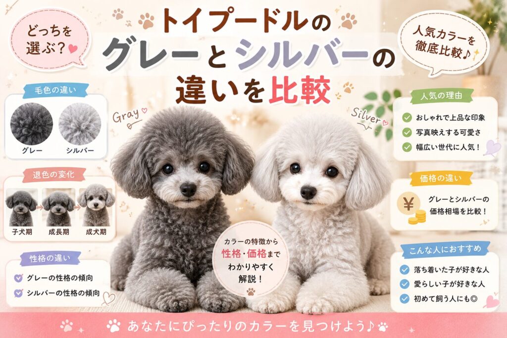 グレーとシルバーのトイプードルを並べて比較したイラスト。毛色の違いや退色による変化、性格や価格の違いを紹介している。