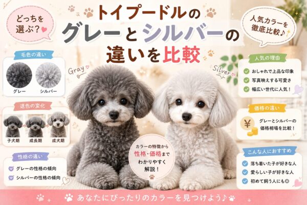 グレーとシルバーのトイプードルを並べて比較したイラスト。毛色の違いや退色による変化、性格や価格の違いを紹介している。