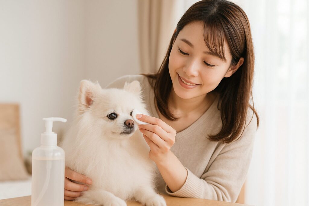 清潔感のある日本人女性が白ポメラニアンの目元をコットンで拭いている様子。自然光の室内で穏やかな雰囲気。