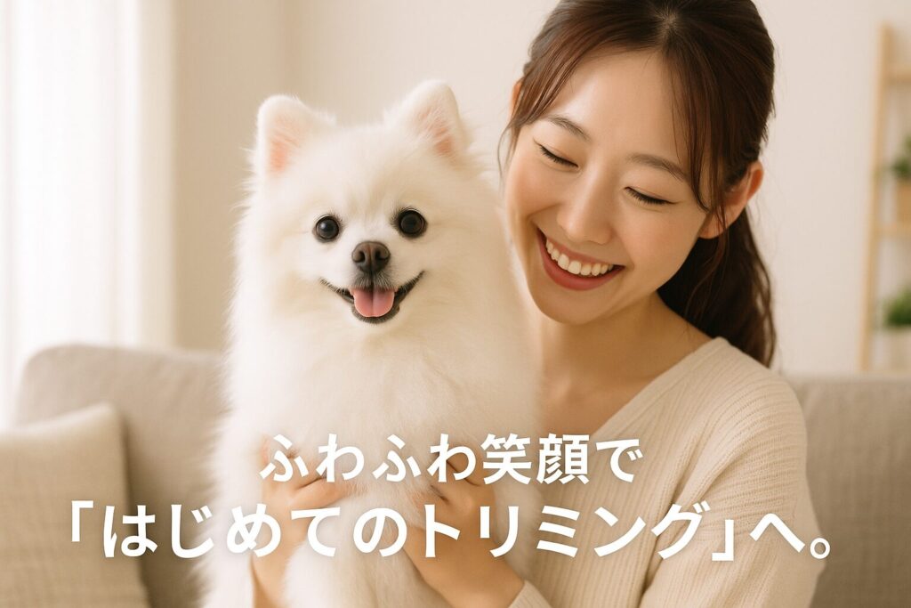 白ポメラニアンを優しく抱く笑顔の日本人女性と、柔らかな自然光のリビング。