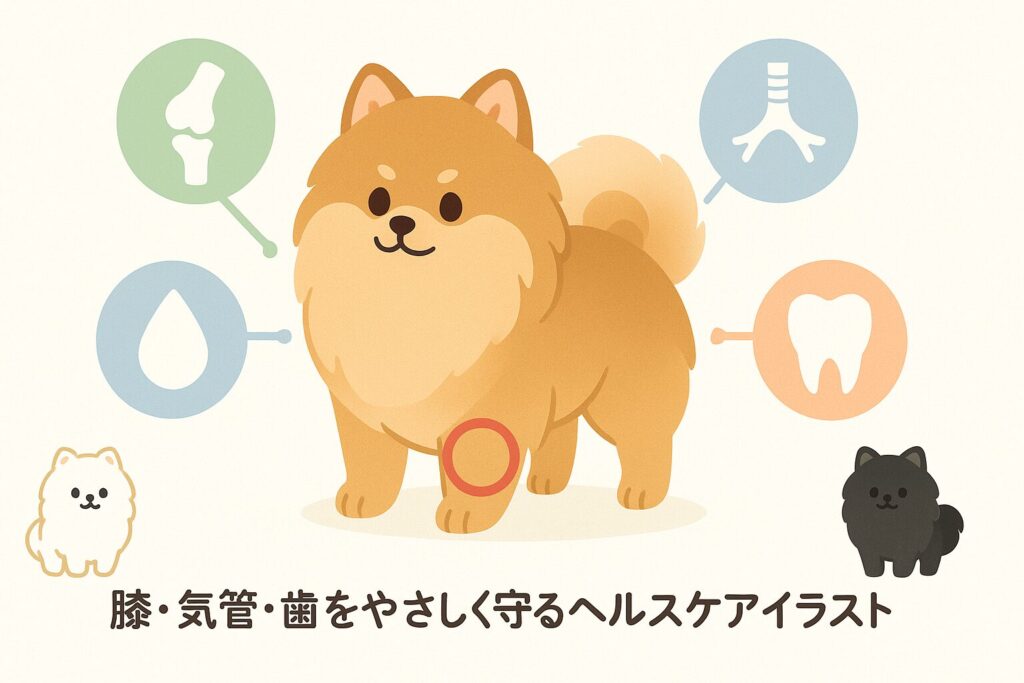 ポメラニアンの体をシンプルに描き、膝・気管・歯・皮膚をアイコンで示した健康管理イラスト