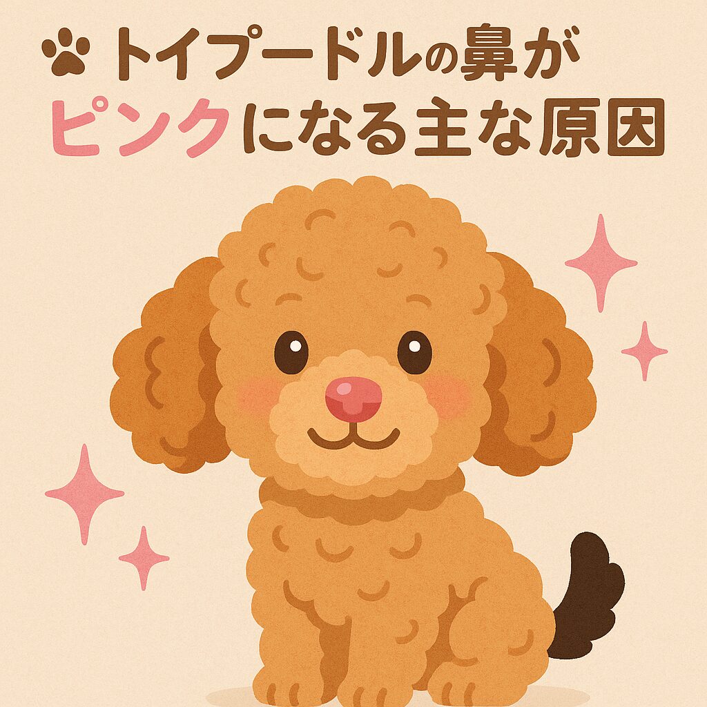 トイプードルがこちらを見上げている可愛いイラスト。ピンクの鼻が印象的で、穏やかで安心できる雰囲気。