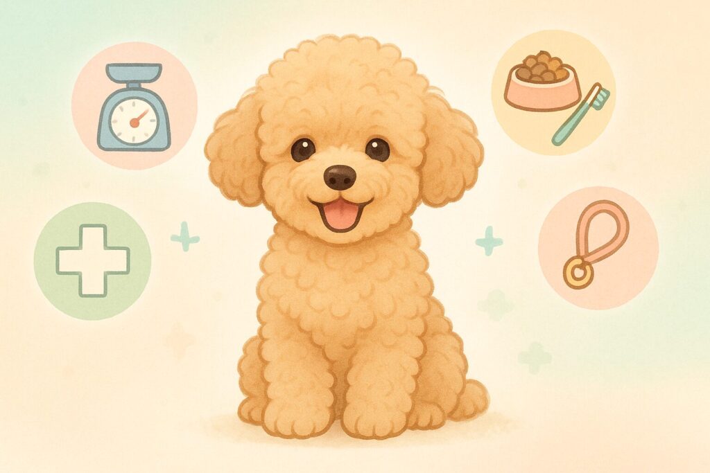 4ヶ月のトイプードルが笑顔でお座りする可愛いイラスト。成長・食事・しつけのアイコンが周りに並ぶデザイン