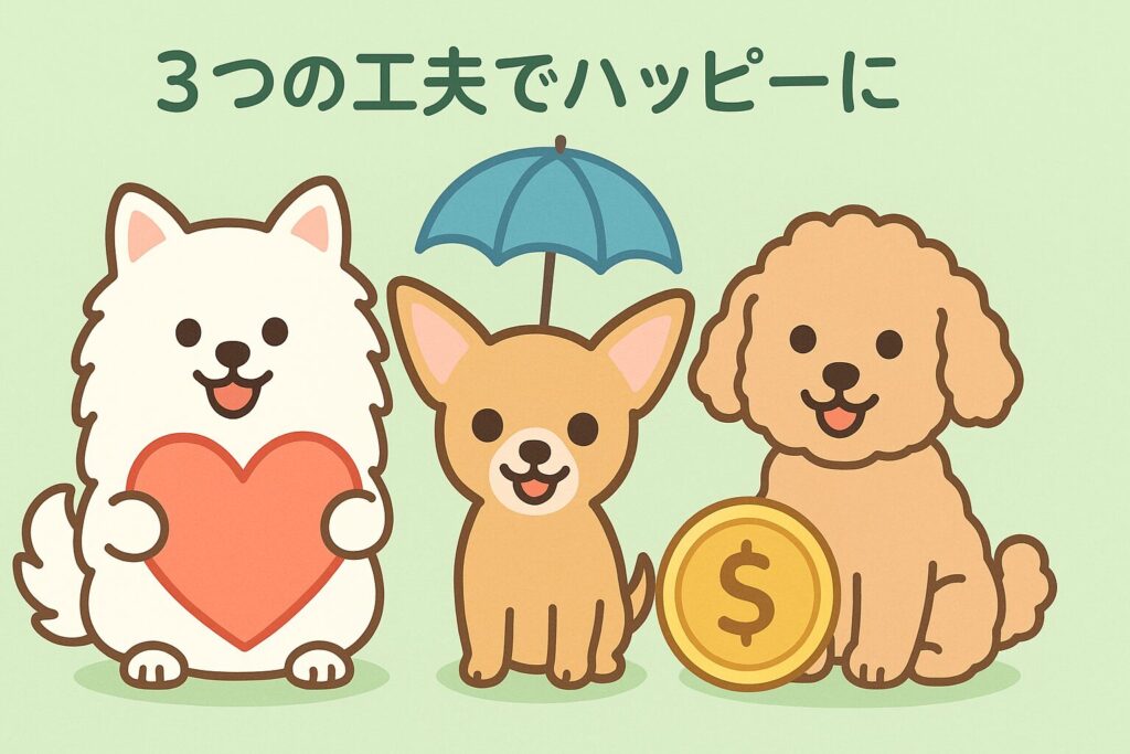 白ポメラニアン、チワワ、アプリコットプードルが保護犬・保険・節約をテーマに笑顔で並ぶイラスト