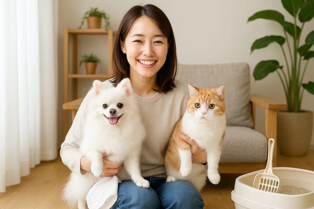 日本人女性が自然な笑顔で白ポメラニアンとマンチカンをそれぞれ優しく抱え、明るいリビングで足拭きタオルと猫砂スコップが見える生活感のある写真