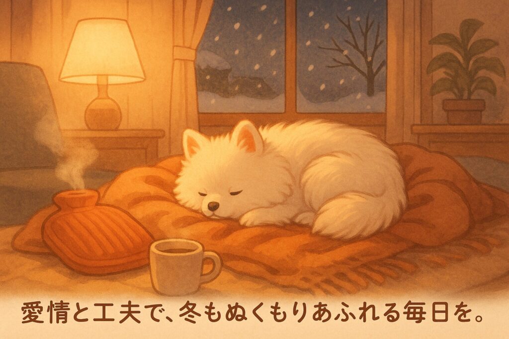 白ポメラニアンが毛布の上で安心して眠る冬の室内イラスト(節電しながら愛犬を守るやさしい冬の工夫)
