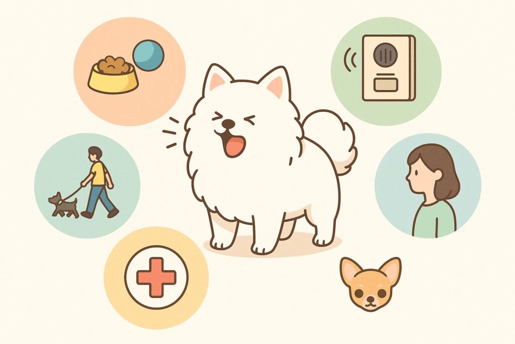 要求・警戒・社会化不足・運動不足・体調の5つをアイコン化したやさしいイラスト。