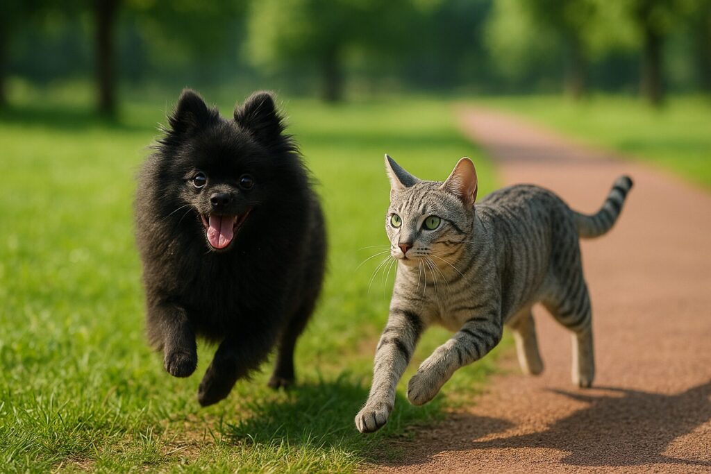 黒ポメラニアンとエジプシャンマウが芝生のコースを仲良く並走する実写風写真