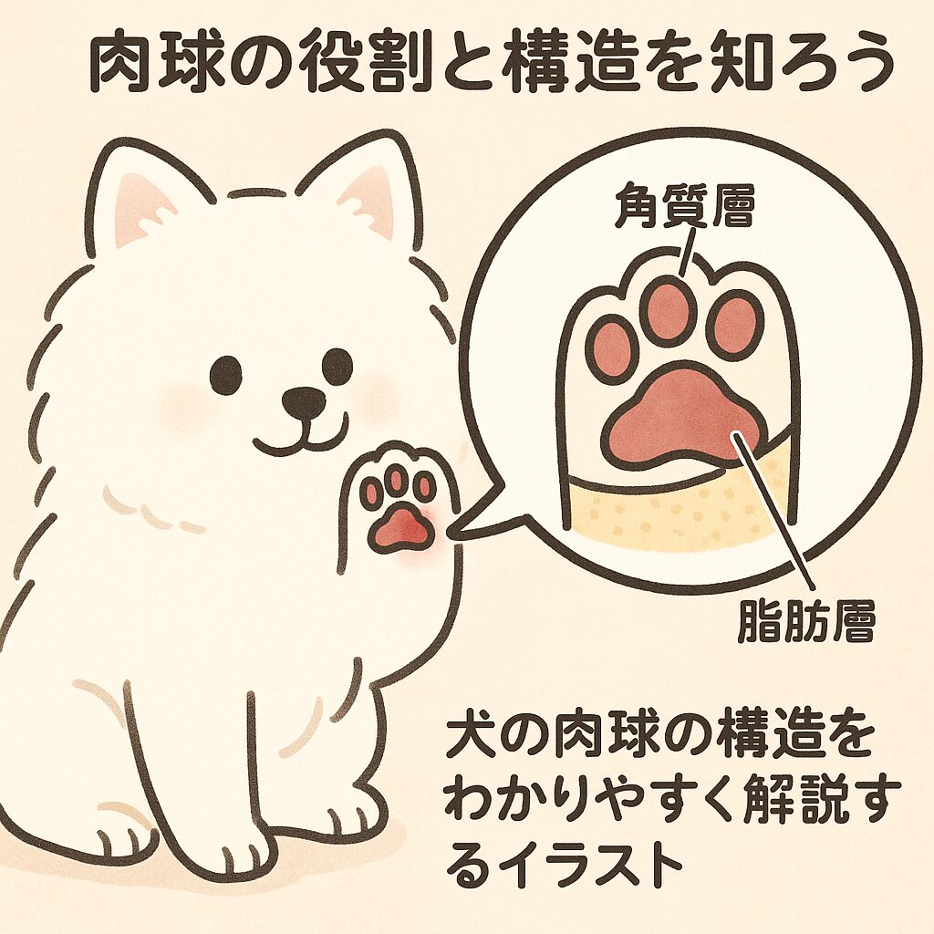 白ポメラニアンと肉球断面図(角質層・脂肪層)を示すイラスト