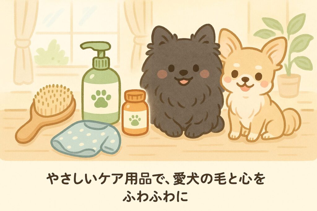 犬のケア用品(ブラシ・シャンプー・サプリ・服)と黒ポメラニアン・チワワのイラスト