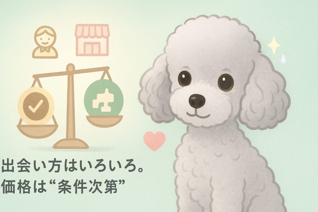 シルバートイプードルと天秤、ブリーダー・ショップの小アイコンが並ぶイラスト