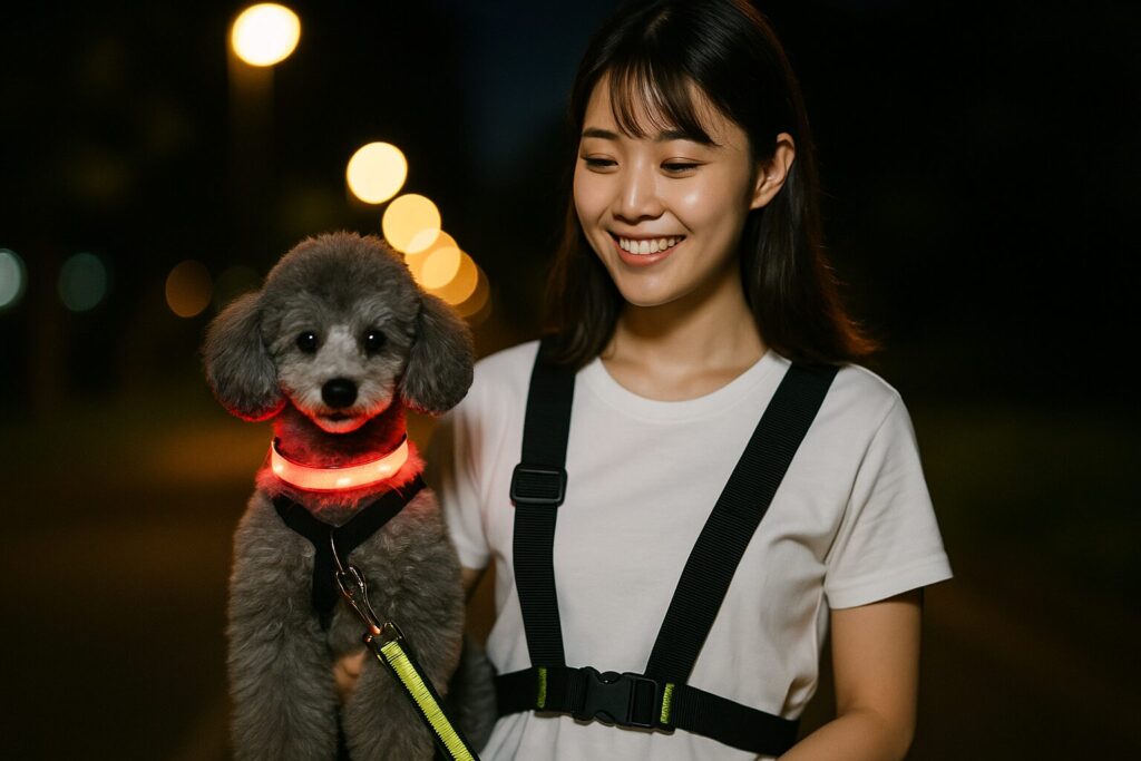 日本人女性がLED首輪と反射材ハーネスを着けたシルバートイプードルと夜道を歩く写真。