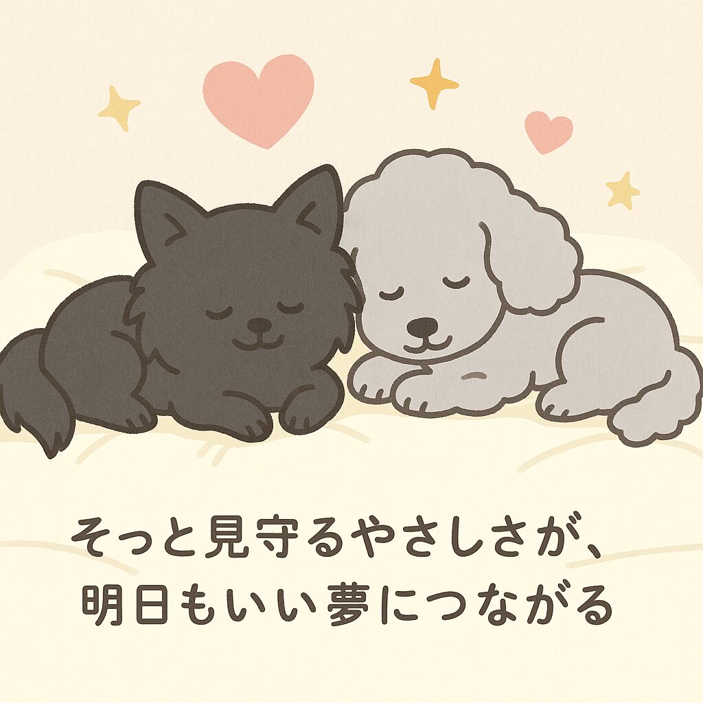 ポメラニアンとシルバートイプードルが寄り添って眠る、ハートと星に囲まれた癒しイラスト