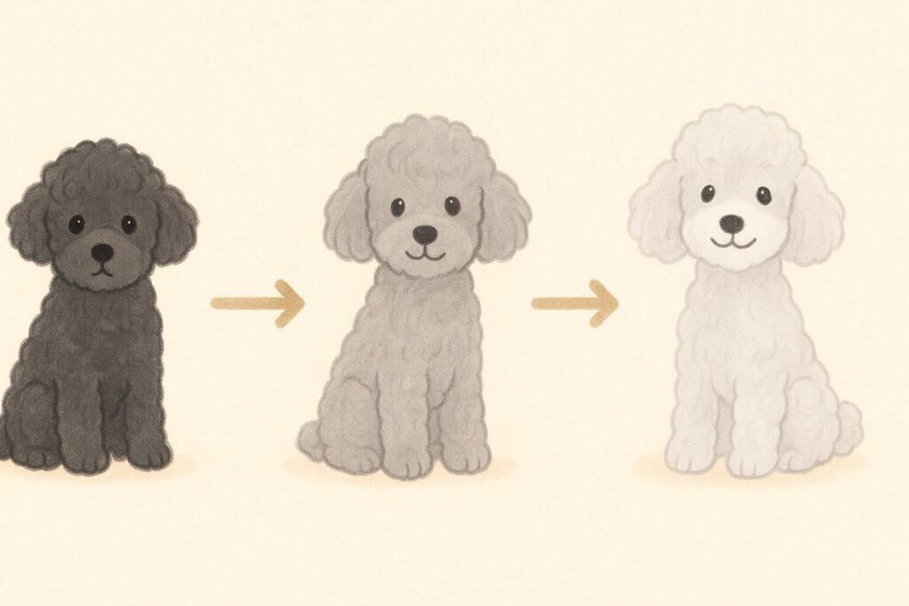 シルバートイプードルの毛色の変化を示す図。左から黒い子犬、中央のグレー、中間色、右にシルバー成犬が並ぶ。