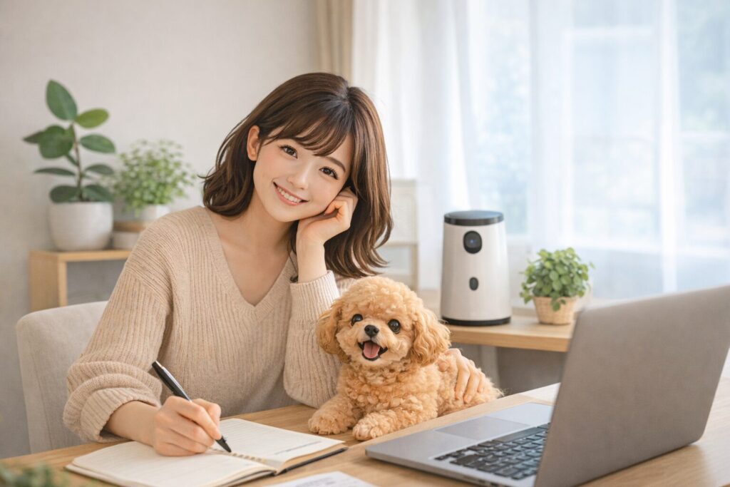 室内のデスクで日本人女性がアプリコットプードルを撫で、白い見守りカメラが置かれている写真
