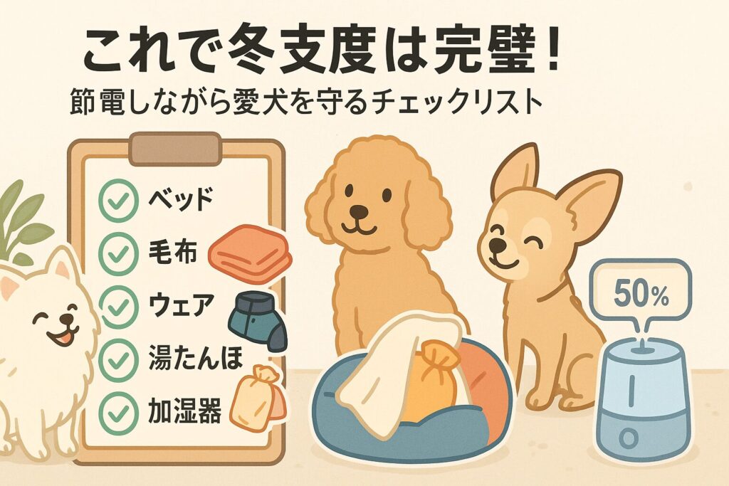 白ポメ・アプリコットプードル・チワワがチェックリストを確認する楽しいイラスト(ベッド・毛布・ウェア・湯たんぽ・加湿器のアイコン付き)