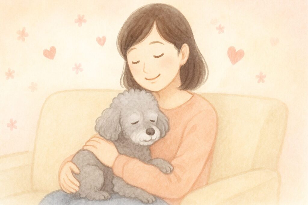 女性の腕の中で安心して眠るシルバーグレーのトイプードル。飼い主との絆とやさしい時間を描いたイラスト。