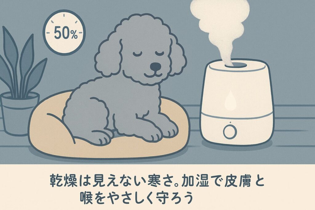 シルバートイプードルが静音加湿器のそばでリラックス、湿度50%を示すゲージ付きイラスト