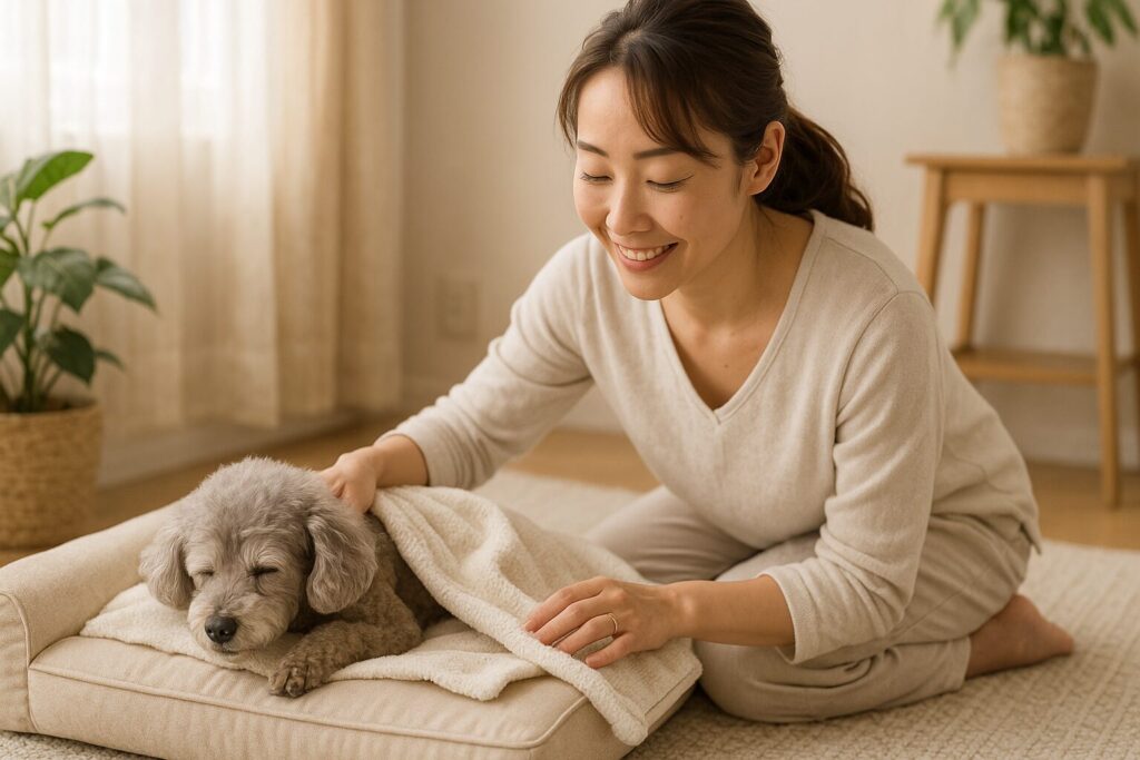 優しい笑顔の女性が、ベッドで眠るシニアトイプードルにブランケットをかけてあげている穏やかな室内の実写風イメージ。