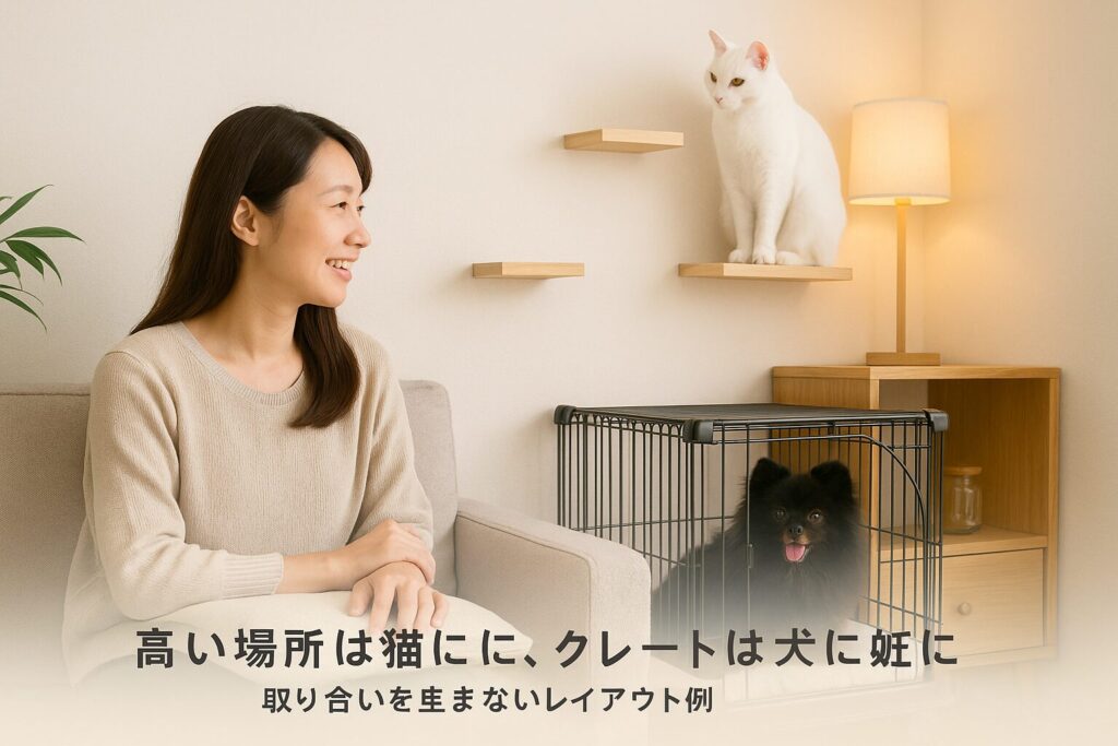 日本人女性が微笑みながら、黒ポメラニアン(クレート内)と白猫(壁面ステップ上)を見守る、生活感のある北欧風リビングの実写写真