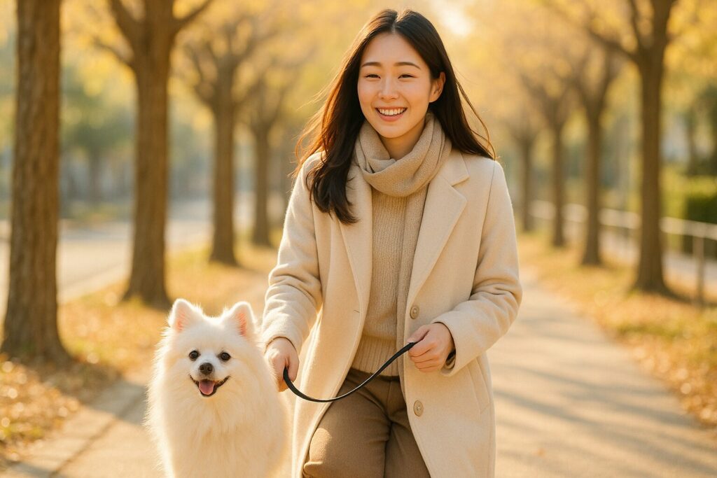 日本人女性と白ポメが日なた道をゆったり散歩