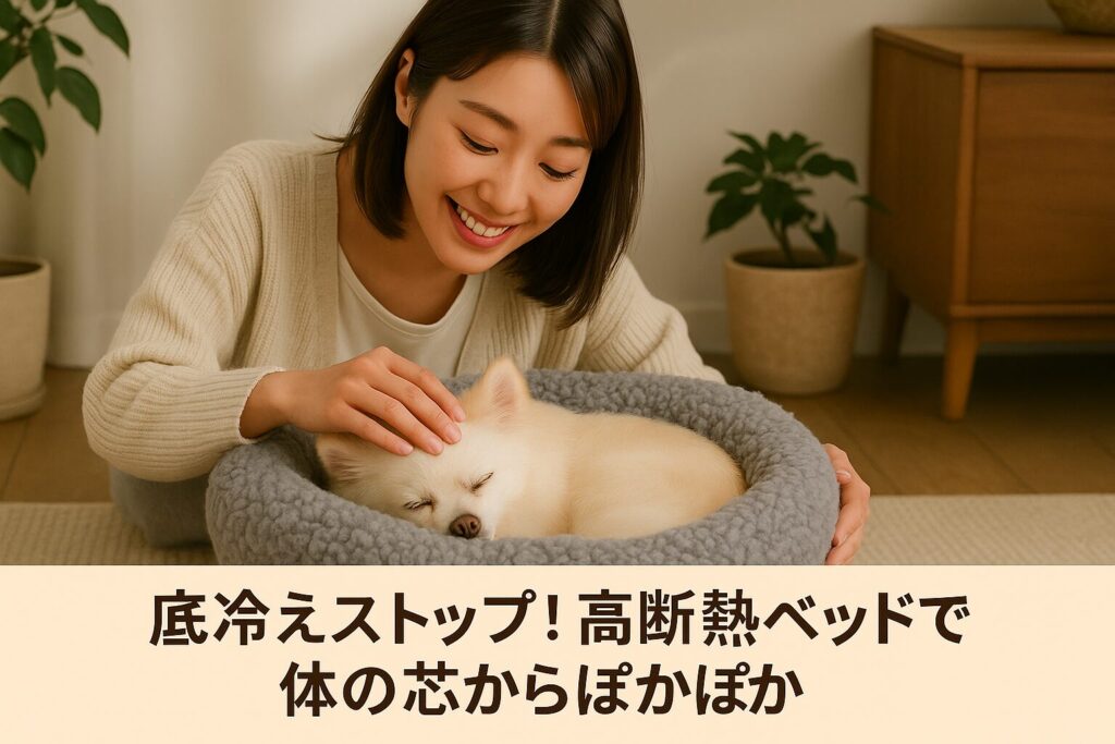 綺麗な日本人女性が白ポメラニアンをやさしく撫でる、ふわふわベッドでくつろぐ実写風写真(ナチュラルな室内)